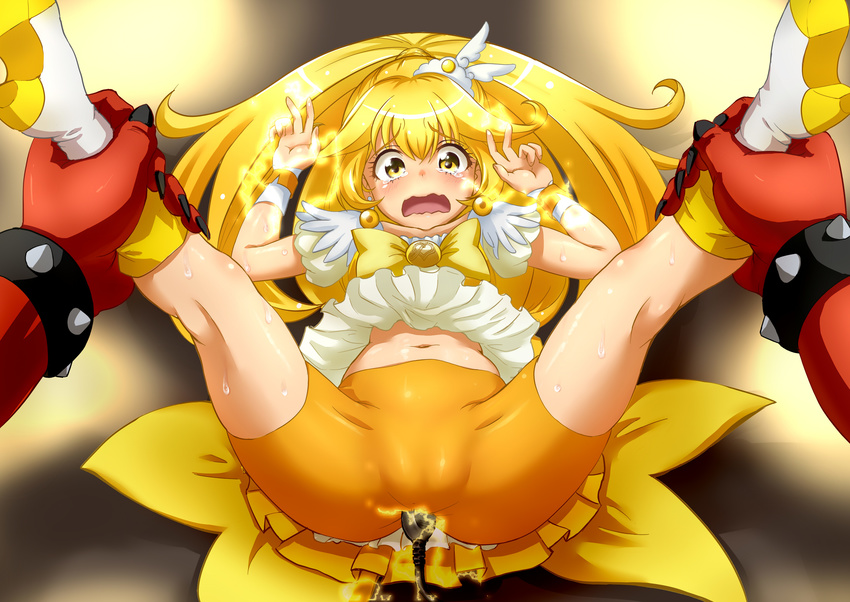 1girl akaooni anal anal_insertion anal_object_insertion bike_shorts blonde_hair brooch cameltoe cure_peace dress electrocution electrostimulation hetero highres horns insertion jewelry kise_yayoi long_hair magical_girl monster mutual_masturbation object_insertion oni precure rape red_oni red_skin resized scared sex skirt smile_precure! spread_legs straight tears wantacchi yellow_dress
