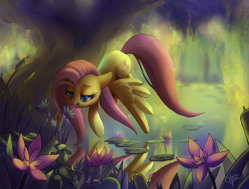 blue_eyes celebi-yoshi cutie_mark equine female feral flower fluttershy_(mlp) friendship_is_magic fur hair horse mammal my_little_pony open_mouth outside pegasus pink_hair pony solo tree wings yellow_fur