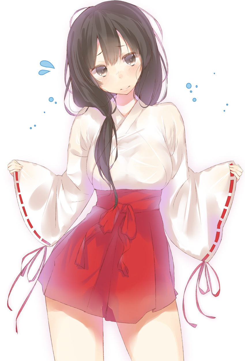 brown_eyes brown_hair hakama highres japanese_clothes kurean miko original red_hakama simple_background solo sweatdrop