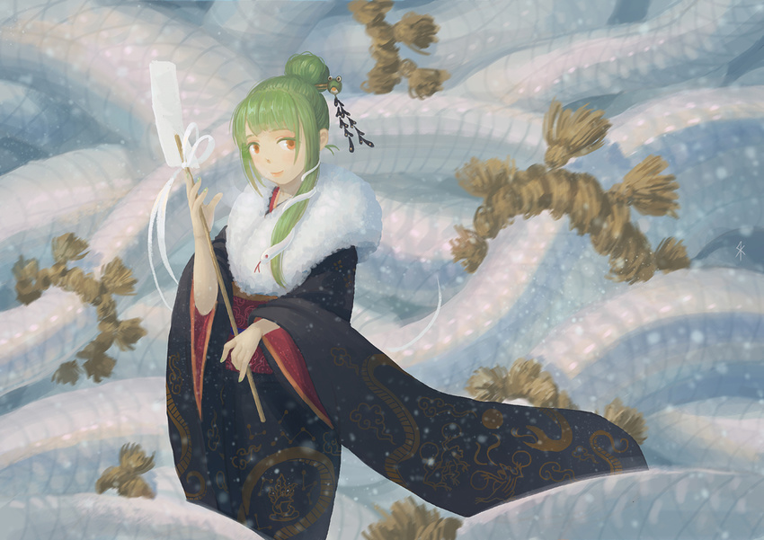 alternate_hairstyle bad_id bad_pixiv_id frog_hair_ornament fur_trim gohei green_hair hair_bun hair_ornament hair_stick japanese_clothes kimono kochiya_sanae mishaguji orange_eyes rope seeker shimenawa smile snake snake_hair_ornament solo touhou