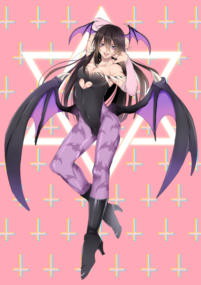 :p absurdres animal_print bare_shoulders bat_print bat_wings black_hair bridal_gauntlets bulge cosplay crossdressing facial_mark head_wings highres leotard long_hair looking_at_viewer male_focus morrigan_aensland morrigan_aensland_(cosplay) one-punch_man onsoku_no_sonic pantyhose print_legwear scar seitarou solo tongue tongue_out trap vampire_(game) wings