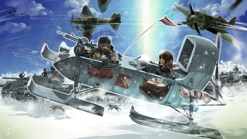 aerosani aircraft airplane blonde_hair blue_eyes brown_hair dog emblem girls_und_panzer ground_vehicle helmet highres i-16 il-2 katyusha long_hair military military_uniform military_vehicle motor_vehicle multiple_girls nonna pravda_(emblem) pravda_military_uniform r-ex short_hair smile snow t-35 tank uniform weapon