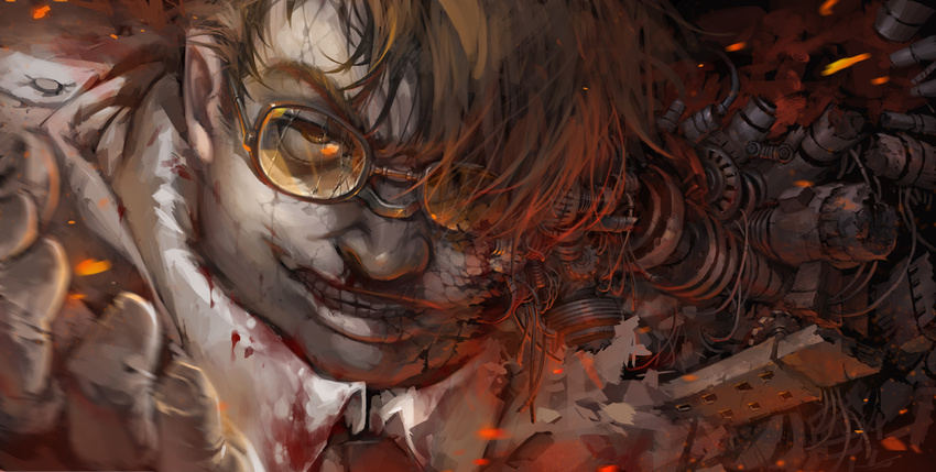 blood cyborg damaged glasses grin hellsing machinery major_(hellsing) male_focus rained realistic smile solo spoilers