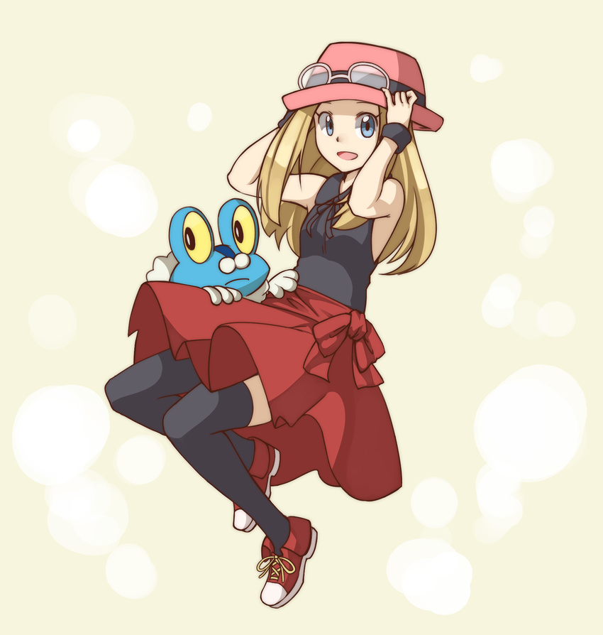 bad_id bad_pixiv_id bare_shoulders black_legwear blonde_hair blue_eyes boots eyewear_on_head froakie full_body gen_6_pokemon hat highres long_hair pas_(paxiti) pokemon pokemon_(creature) pokemon_(game) pokemon_xy serena_(pokemon) skirt thighhighs wristband