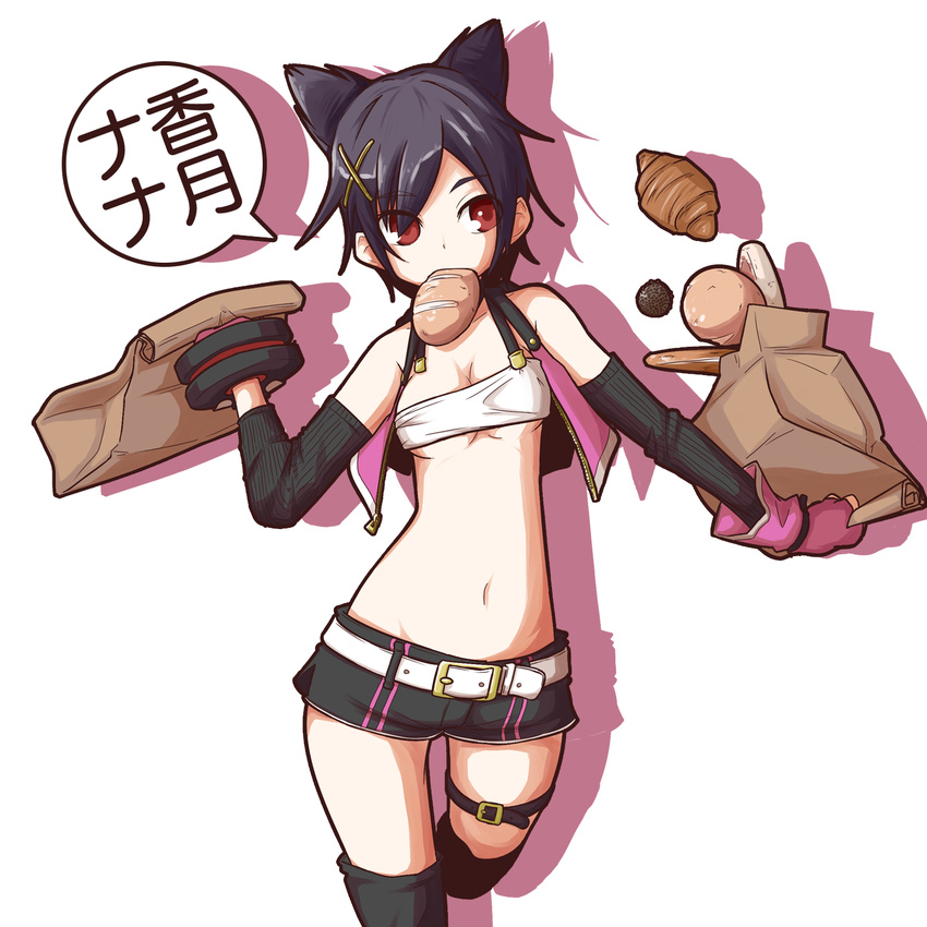 arm_warmers bag belt black_legwear bread breasts character_name cleavage croissant drop_shadow fingerless_gloves food gloves god_eater god_eater_2:_rage_burst guriko_(mossari) hair_bun hair_ornament hairclip highres kouzuki_nana leg_up medium_breasts midriff mouth_hold navel paper_bag pink_gloves purple_hair red_eyes shadow short_hair simple_background solo speech_bubble strapless thigh_strap thighhighs translated tubetop underboob vest white_background