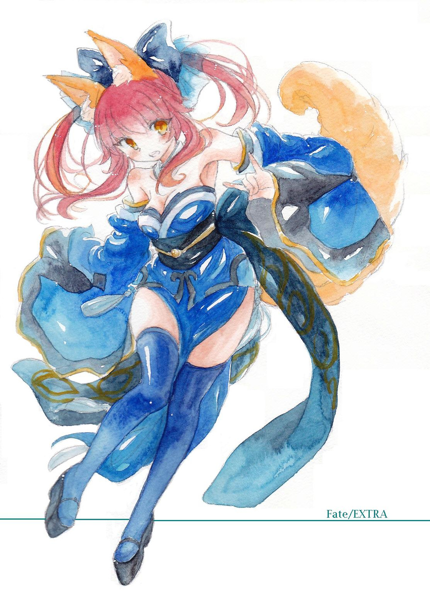 animal_ears bad_id bad_pixiv_id bare_shoulders blue_legwear bow breasts cleavage clog_sandals detached_sleeves fate/extra fate_(series) fina_(sa47rin5) fox_ears fox_tail hair_bow hair_ribbon highres japanese_clothes medium_breasts open_mouth pink_hair ribbon smile solo tail tamamo_(fate)_(all) tamamo_no_mae_(fate) thighhighs traditional_media twintails watercolor_(medium) yellow_eyes