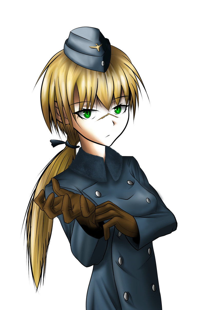 1girl absurdres adjusting_clothes adjusting_gloves blonde_hair garrison_cap gloves green_eyes hanna_rudel hat highres jacket jatts long_hair military military_uniform ponytail scar solo strike_witches trench_coat uniform