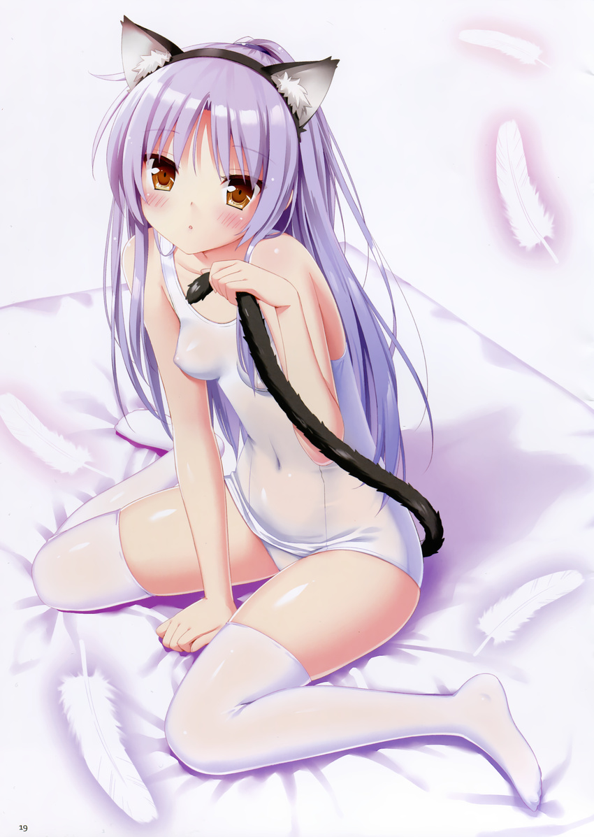 absurdres angel_beats! animal_ears bed breasts cat_ears cat_tail covered_navel covered_nipples feathers highres looking_at_viewer no_shoes one-piece_swimsuit peko purple_hair school_swimsuit shiny shiny_clothes shiny_skin sitting skindentation small_breasts solo swimsuit tail tenshi_(angel_beats!) thighhighs wariza white_legwear yellow_eyes