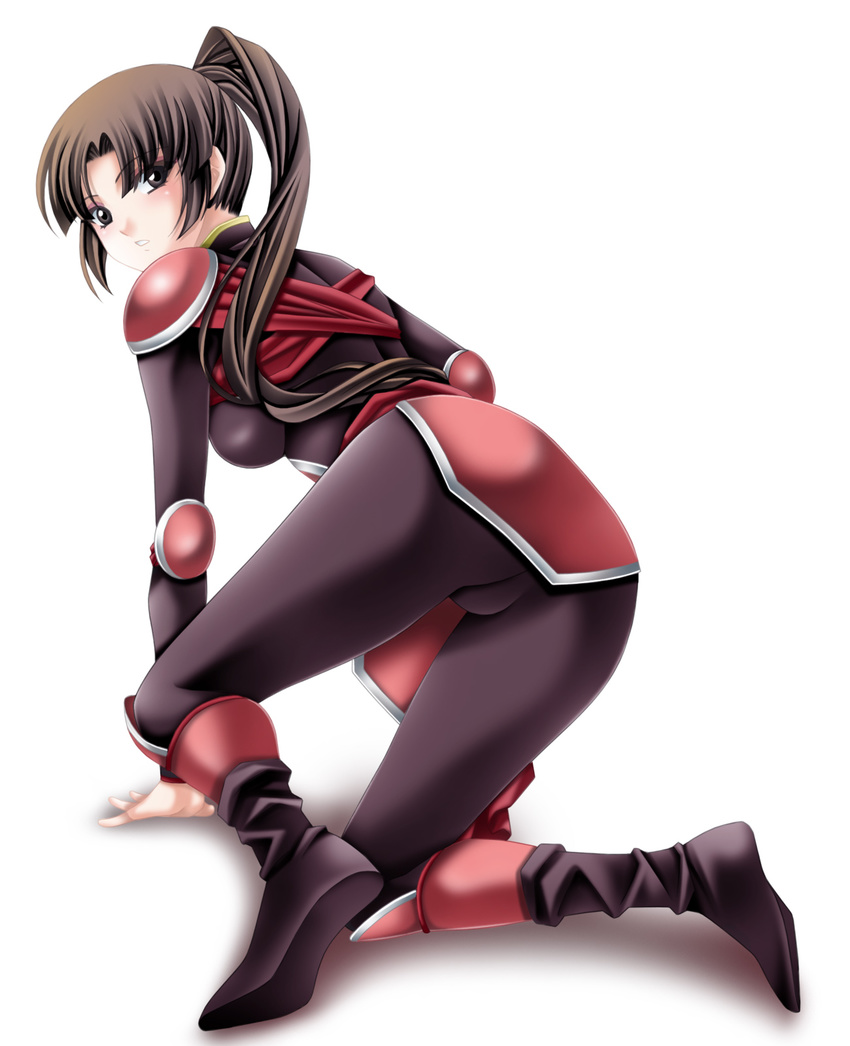 all_fours bangs blunt_bangs bodysuit brown_eyes brown_hair from_behind highres inuyasha long_hair looking_back ponytail sango shoulder_pads solo tamamon white_background