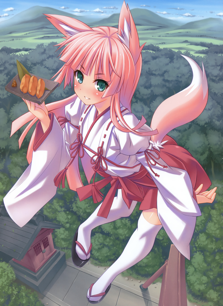 absurdres animal_ears aqua_eyes dengeki_moeou flying food forest fox_ears fox_girl fox_tail geta giantess hakama highres higuchi_isami inarizushi japanese_clothes miko nature pink_hair plate red_hakama scan shrine sushi tail thighhighs torii wagashi white_legwear