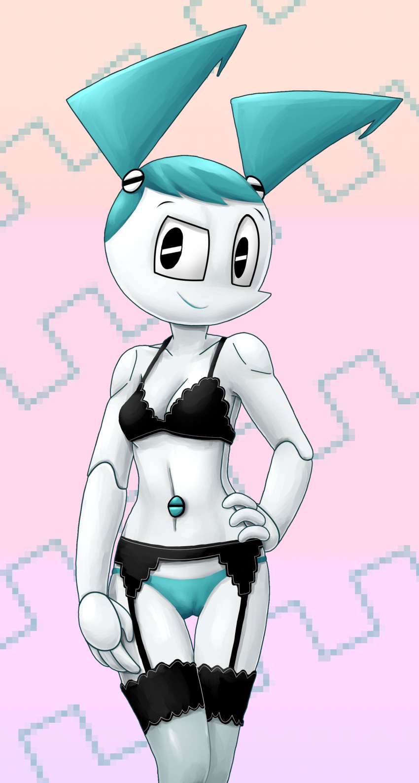 2019 4_fingers absurd_res android blue_hair bra breasts camel_toe cleavage clothed clothing garter_straps grey_skin hair hand_on_hop hi_res humanoid itimu jenny_wakeman legwear lingerie looking_at_viewer machine my_life_as_a_teenage_robot navel non-mammal_breasts not_furry panties robot simple_background smile solo sr standing thigh_highs underwear