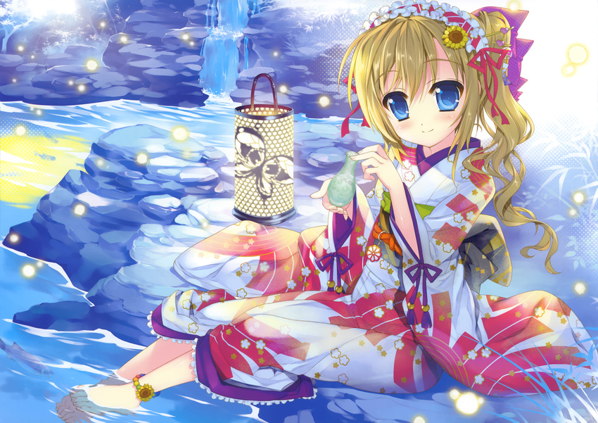 absurdres anklet barefoot blonde_hair blue_eyes blush bow bug firefly fujima_takuya hair_bow highres insect japanese_clothes jewelry kimono lamp long_hair non-web_source original scan sitting soaking_feet stream tied_hair water