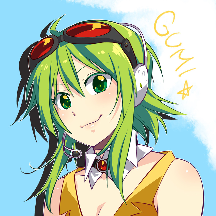 ahoge bare_shoulders caffein character_name detached_collar goggles goggles_on_head green_eyes green_hair gumi headset highres short_hair smile solo upper_body vocaloid