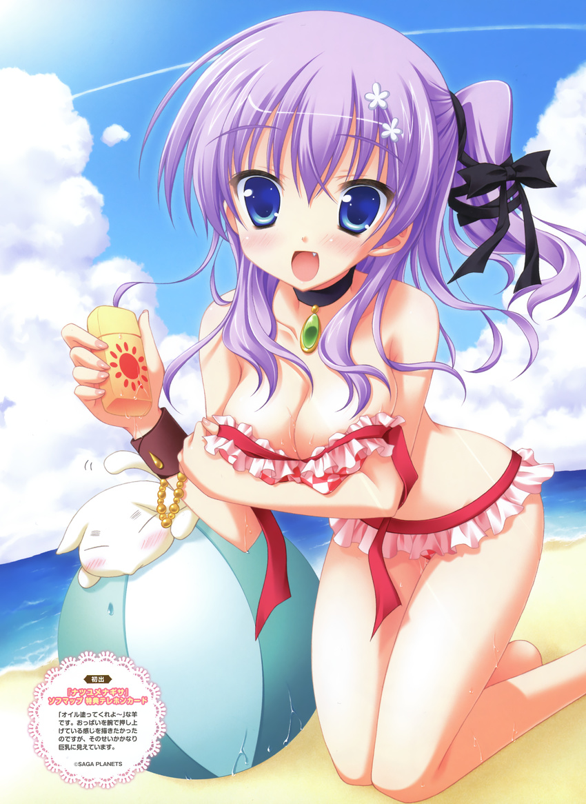 :d absurdres ball beach beachball bikini blue_eyes blush bottle breast_hold breasts cat choker cleavage cloud day fang highres kneeling large_breasts lotion_bottle mihama_hitsuji moribe_(rabumanyo) natsu_yume_nagisa ocean off_shoulder open_mouth outdoors purple_hair sand shiny shiny_skin side_ponytail sky smile solo strap_slip sun sweat swimsuit untied untied_bikini water