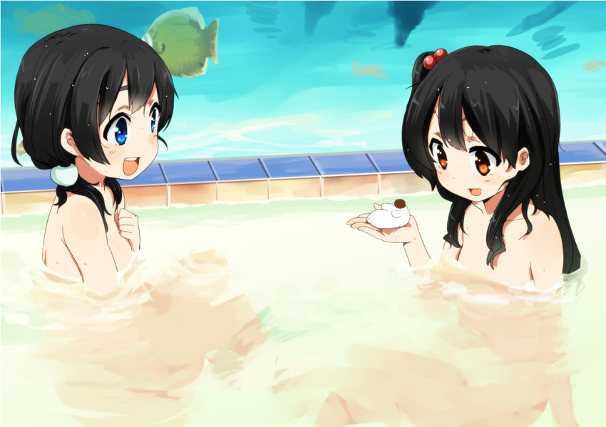 :d aquarium bath bathtub black_hair blue_eyes blush brown_eyes fish flat_chest hair_bobbles hair_ornament hota kitashirakawa_anko kitashirakawa_tamako long_hair low_twintails multiple_girls nude one_side_up open_mouth partially_submerged short_hair siblings sisters sitting smile tamako_market twintails water wet