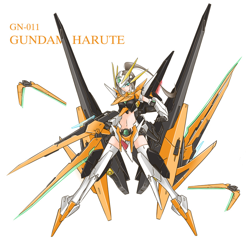 armor beam_rifle energy_gun green_eyes grey_hair gun gundam gundam_00 gundam_harute helmet highres mecha_musume midriff ponytail raptor7 solo thighhighs visor weapon white_legwear wings