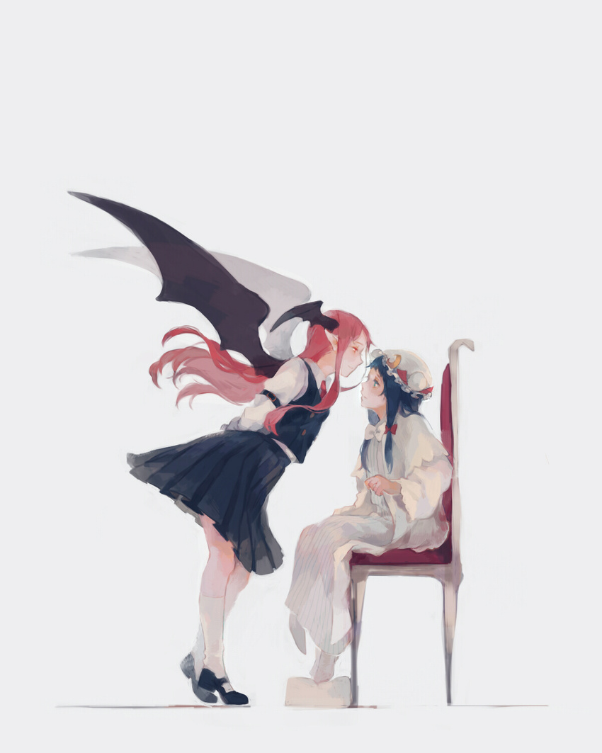 arms_behind_back bat_wings blue_eyes capelet chair cloak crescent dress full_body hat head_wings highres koakuma leaning_forward long_hair mary_janes multiple_girls necktie patchouli_knowledge pleated_skirt pointy_ears purple_hair red_eyes red_hair shoes simple_background sitting skirt smile tiptoes touhou wakatsuki_(etoiles) white_legwear wings
