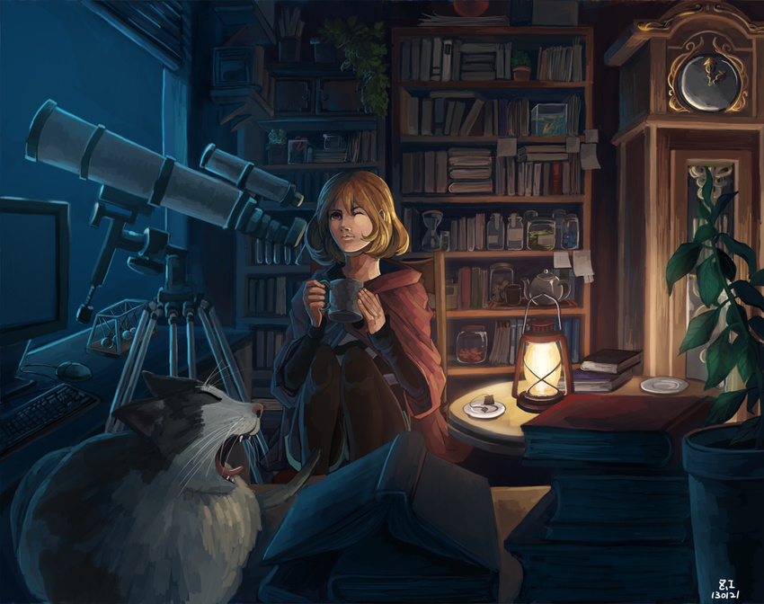 1girl blonde_hair book bookshelf cat clock computer_keyboard computer_mouse cup dated hourglass monitor mug oil_lamp original pantyhose plant potted_plant short_hair sitting solo telescope wink z.i