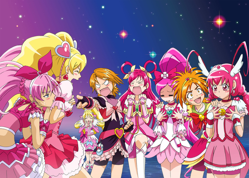 aida_mana bike_shorts blonde_hair blue_eyes bow breast_envy brown_hair choker color_connection cure_black cure_bloom cure_blossom cure_dream cure_happy cure_heart cure_melody cure_peach dokidoki!_precure dress earrings eyelashes fingerless_gloves fresh_precure! fuchi_(nightmare) futari_wa_precure futari_wa_precure_splash_star gloves hair_ornament hair_rings half_updo hanasaki_tsubomi head_wings heart heart_hair_ornament heartcatch_precure! highres hoshizora_miyuki houjou_hibiki hyuuga_saki jewelry long_hair magical_girl misumi_nagisa momozono_love multiple_girls odd_one_out open_mouth pink_bow pink_choker pink_eyes pink_hair pink_shorts pink_skirt pointing ponytail precure precure_all_stars short_hair shorts shorts_under_skirt skirt smile_precure! suite_precure tiara twintails yes!_precure_5 yumehara_nozomi