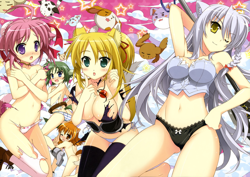 absurdres ahoge animal_ears ass black_panties blonde_hair blue_eyes blush boots bow bow_panties braid breasts brown_eyes cat_ears cat_tail cleavage covering covering_breasts crossed_arms dog_days dog_ears dog_tail eclair_martinozzi embarrassed fox_ears fox_tail front-print_panties fujima_takuya green_eyes green_hair hair_ribbon highres lace lace-trimmed_panties large_breasts leaning_forward leonmitchelli_galette_des_rois lingerie long_hair midriff millhiore_f_biscotti multiple_girls navel one_eye_closed open_mouth orange_hair panties pink_hair ponytail print_panties purple_eyes ribbon ricotta_elmar scan short_hair silver_hair smile stomach striped striped_panties tail thigh_gap thighhighs torn_clothes underwear white_panties yellow_eyes yukikaze_panettone