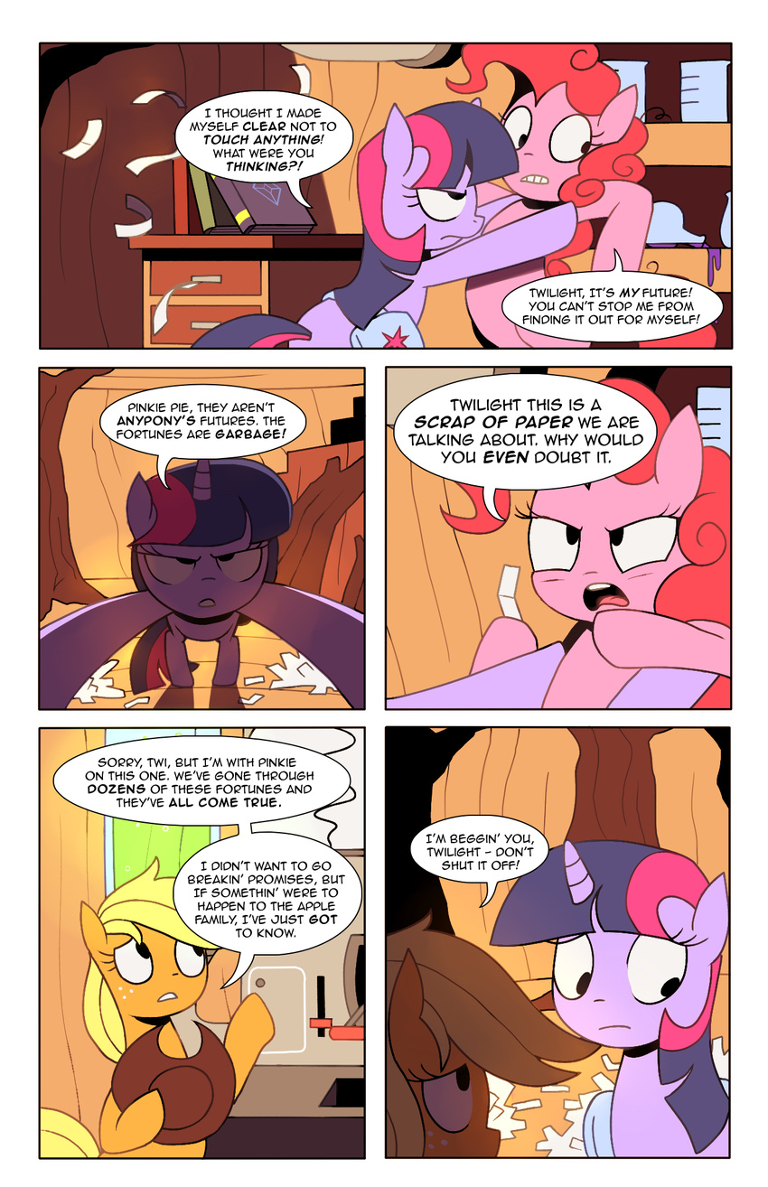 applejack_(mlp) bag book bottle comic cowboy_hat cutie_mark desk dialog english_text equine female feral fortune friendship_is_magic hat horn horse karzahnii library liquid machine mammal mechanical my_little_pony paper pinkie_pie_(mlp) pony text twilight_sparkle_(mlp) unicorn