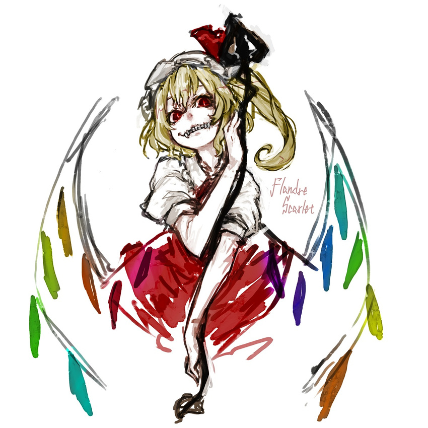 bad_id bad_pixiv_id blonde_hair bow character_name dress evil_grin evil_smile fangs flandre_scarlet grin hat hat_ribbon highres hima_(mizu_ni_tsuyoi) laevatein making_of mob_cap puffy_short_sleeves puffy_sleeves red_eyes ribbon short_hair short_sleeves side_ponytail slit_pupils smile solo touhou upper_body weapon white_background wings