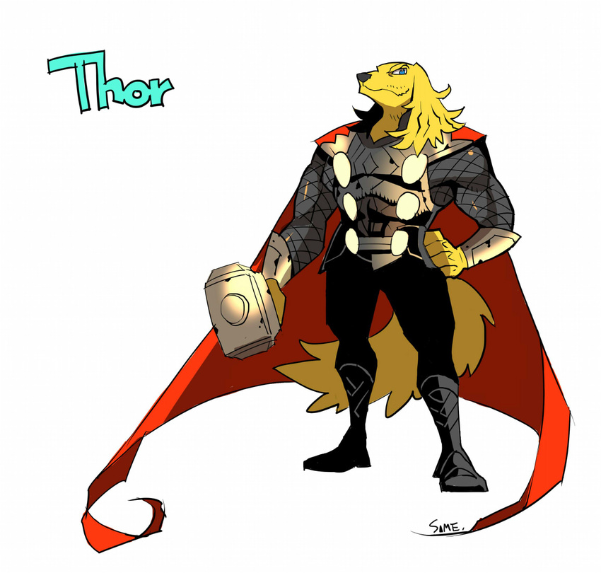 armor blue_eyes boots bracers canine cape dog fur golden_retriever hammer looking_at_viewer male mammal muscles plain_background sharks solo source_request the_avengers thor thor_(deity) white_background yellow_fur