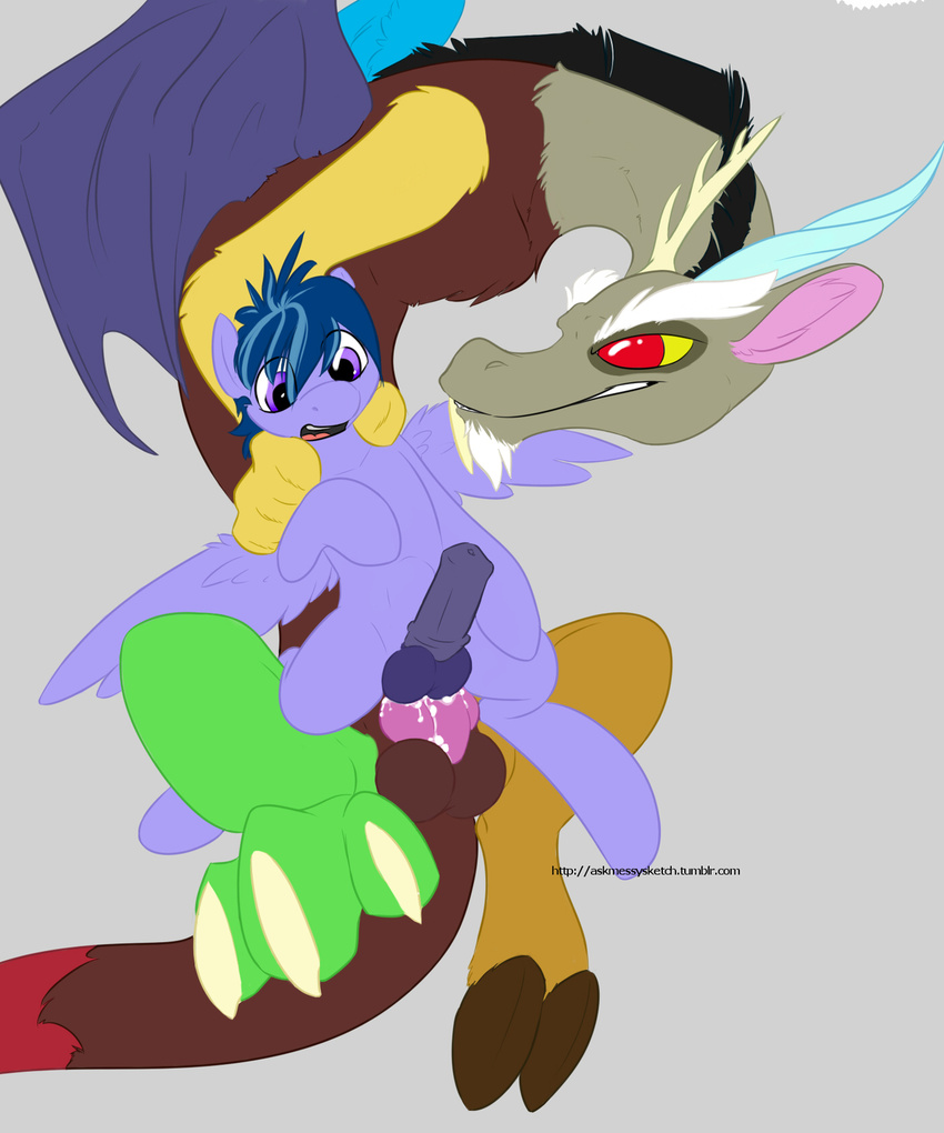 anal_penetration animal_genitalia balls corvid_quill cum cum_inside discord_(mlp) draconequus equine erection friendship_is_magic gay hair horn horse horsecock male mammal messysketch multi-colored_hair my_little_pony open_mouth original_character pegasus penetration penis plain_background pony red_eyes sex wings