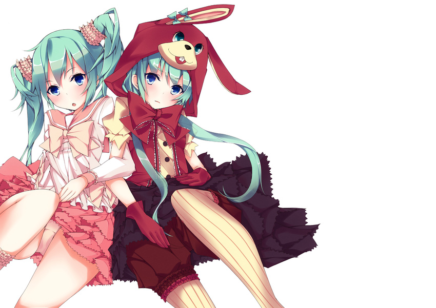 :o animal_ears aqua_hair blue_eyes bunny_ears gloves hatsune_miku highres locked_arms long_hair lots_of_laugh_(vocaloid) multiple_girls natsuki_yuu_(minamino_tsuki) panties pantyhose pantyshot pantyshot_(sitting) sitting striped striped_legwear underwear vertical-striped_legwear vertical_stripes vocaloid white_background