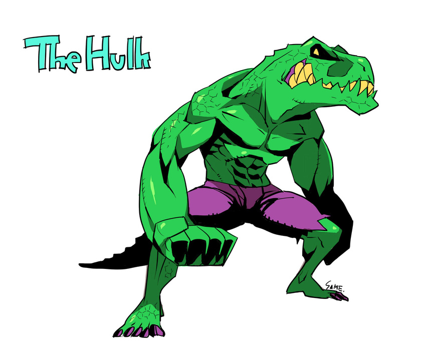 anthro biceps claws clothed clothing crocodile dinosaur fangs flexing green_scales green_skin half-dressed hulk male muscles pecs plain_background pose reptile reptilemabs scalie sharks shorts solo standing teeth the_avengers toe_claws topless white_background yellow_eyes