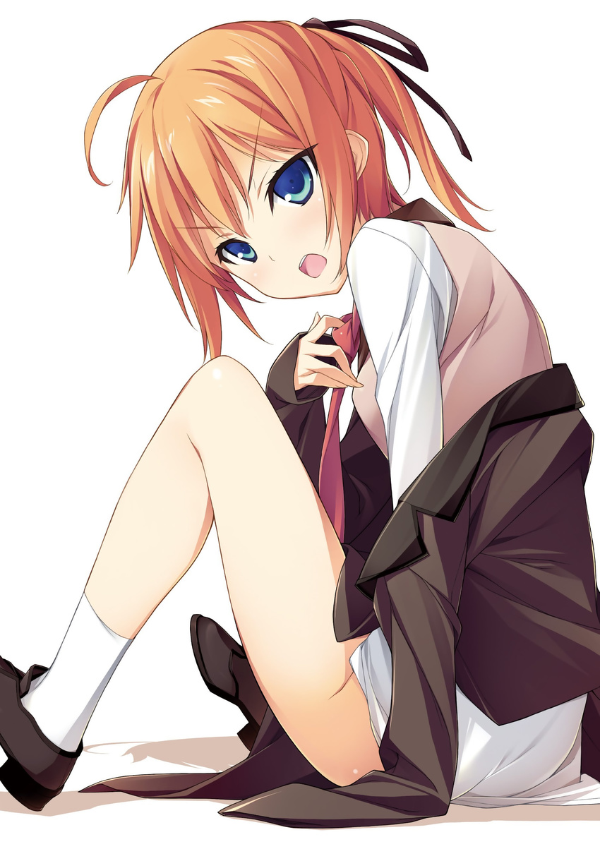 absurdres black_ribbon blue_eyes bottomless brown_hair hair_ribbon highres kikuchi_seiji konoe_subaru looking_at_viewer mayo_chiki! necktie open_mouth red_neckwear ribbon shirt short_hair sitting solo white_background white_shirt