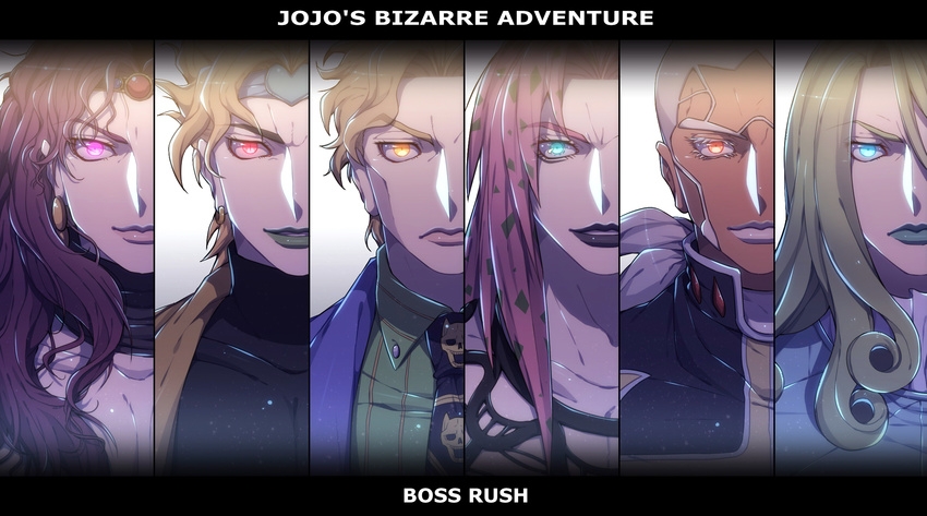 black_eyes blonde_hair blue_eyes copyright_name dark_skin dark_skinned_male diavolo dio_brando enrico_pucci formal funny_valentine glowing glowing_eyes highres jojo_no_kimyou_na_bouken kars_(jojo) kira_yoshikage lipstick long_hair makeup mika_(1020mk) multiple_boys pink_hair purple_hair red_eyes steel_ball_run suit white_hair yellow_eyes