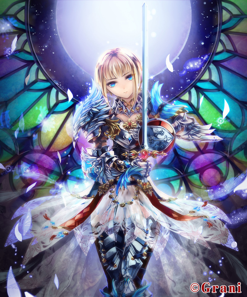 absurdres armor armored_dress bad_id bad_pixiv_id blonde_hair blue_eyes feathers highres jeanne_d'arc jewelry shingoku_no_valhalla_gate short_hair solo standing sword toi_(4089597) valkyrie weapon
