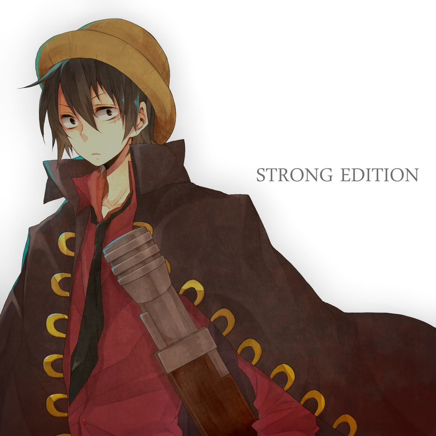 1boy black_necktie copyright_name formal hat highres jacket jacket_on_shoulders looking_at_viewer male male_focus monkey_d_luffy necktie one_piece one_piece:_strong_world one_piece_strong_world red_shirt scar shirt solo straw_hat title_drop white_background