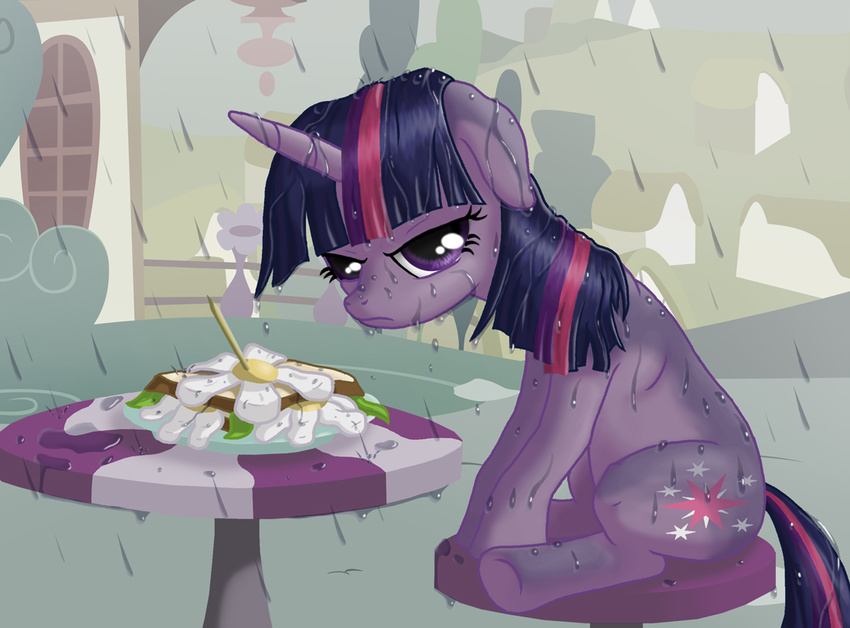 angry annoyed blue_mood bread cutie_mark daisy_(flower) depressed equine female feral flower food friendship_is_magic hair horn horse house mammal multi-colored_hair my_little_pony outside plate pony purple_eyes rain raining sandwich sandwich_(food) sitting solo starbat table twilight_sparkle_(mlp) unicorn water wet wet_hair