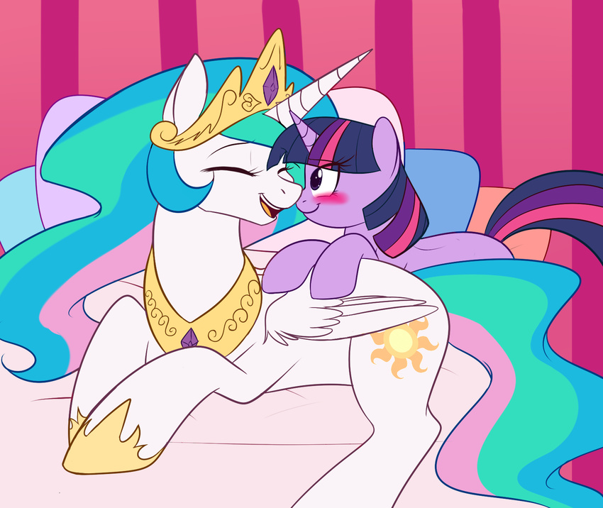 bed blush corrupteddiscipline couple crown cute cutie_mark duo equine eyes_closed female feral friendship_is_magic fur hair hi_res horn horse laing long_hair lying mammal multi-colored_hair my_little_pony necklace open_mouth pillow pony princess princess_celestia_(mlp) purple_eyes purple_fur royalty shoes simple_background smile tongue twilight_sparkle_(mlp) unicorn white_fur winged_unicorn wings