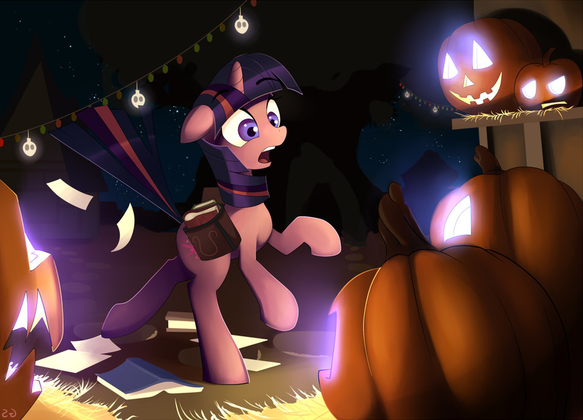 bag book cutie_mark equine female feral friendship_is_magic glowing gsphere hair hay_bale horn jack_o'_lantern jack_o'_lantern light mammal multi-colored_hair my_little_pony outside paper pumpkin purple_eyes rearing saddle_bag saddle_bags scared solo tree twilight_sparkle_(mlp) unicorn