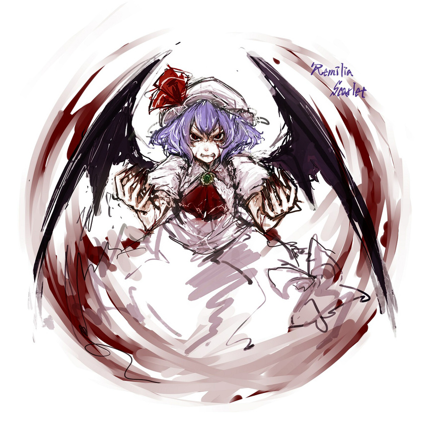 angry ascot bad_id bad_pixiv_id bow brooch character_name clenched_teeth dress fangs fingernails hat hat_ribbon highres hima_(mizu_ni_tsuyoi) jewelry long_fingernails mob_cap puffy_short_sleeves puffy_sleeves purple_hair remilia_scarlet ribbon scowl short_hair short_sleeves slit_pupils solo teeth touhou upper_body wings