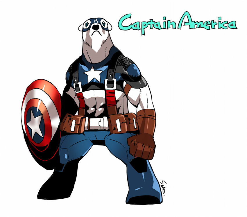 bear belt captain_america clothing gloves looking_at_viewer male mammal marvel mask plain_background polar_bear sharks shield solo source_request star suspenders the_avengers white_background
