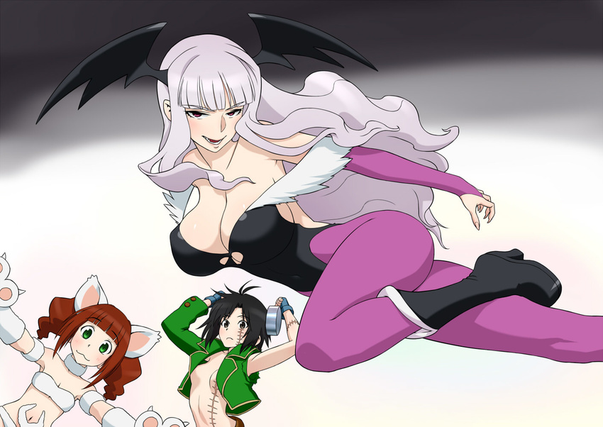 animal_ears black_eyes black_hair boots brown_hair cat_ears commentary cosplay felicia felicia_(cosplay) green_eyes head_wings idolmaster idolmaster_(classic) kikuchi_makoto leotard long_hair morrigan_aensland morrigan_aensland_(cosplay) multiple_girls pantyhose paws purple_eyes scar shijou_takane short_hair silver_hair takatsuki_yayoi twintails vampire_(game) vest victor_von_gerdenheim victor_von_gerdenheim_(cosplay) wata_do_chinkuru