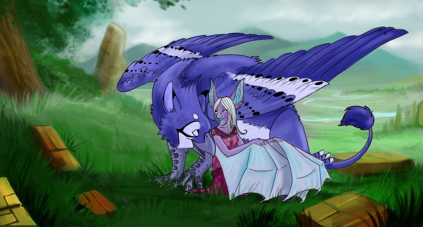 bat blajn dress dynamo_(character) eye_contact feathers female feral forest gryph000 gryphon hair long_ears lorelai male mammal meadow outside purple_body tree white_hair wings wood