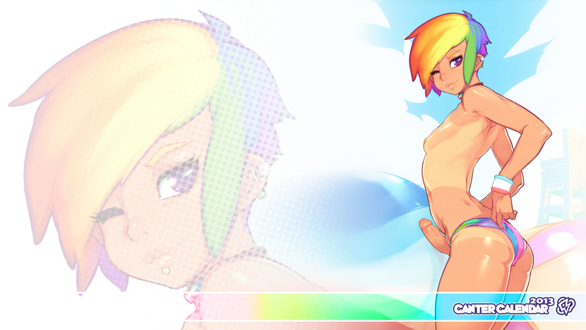 adjusting_clothes adjusting_swimsuit arched_back ass bad_id bad_tumblr_id bikini_bottom blonde_hair breasts choker doxy earrings foreskin futanari highres jewelry multicolored_hair my_little_pony my_little_pony_friendship_is_magic nipple_piercing nipples one_eye_closed penis personification phimosis piercing purple_eyes rainbow_dash rainbow_hair short_hair small_breasts solo swimsuit tan tanline topless wallpaper widescreen wristband zoom_layer