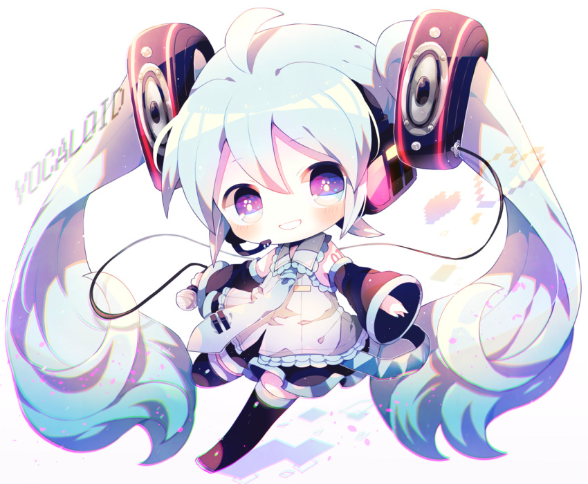 1girl ahoge aqua_hair aqua_neckwear bangs black_footwear black_legwear black_skirt blue_eyes blush boots cable character_name chibi collared_shirt detached_sleeves frilled_shirt frilled_shirt_collar frills full_body grey_shirt grin haru431 hatsune_miku headset heart holding holding_microphone long_hair looking_at_viewer microphone outstretched_arms shirt shoulder_tattoo skirt smile solo speaker spread_arms standing standing_on_one_leg strap tattoo thigh_boots thighhighs tie_clip twintails very_long_hair vocaloid