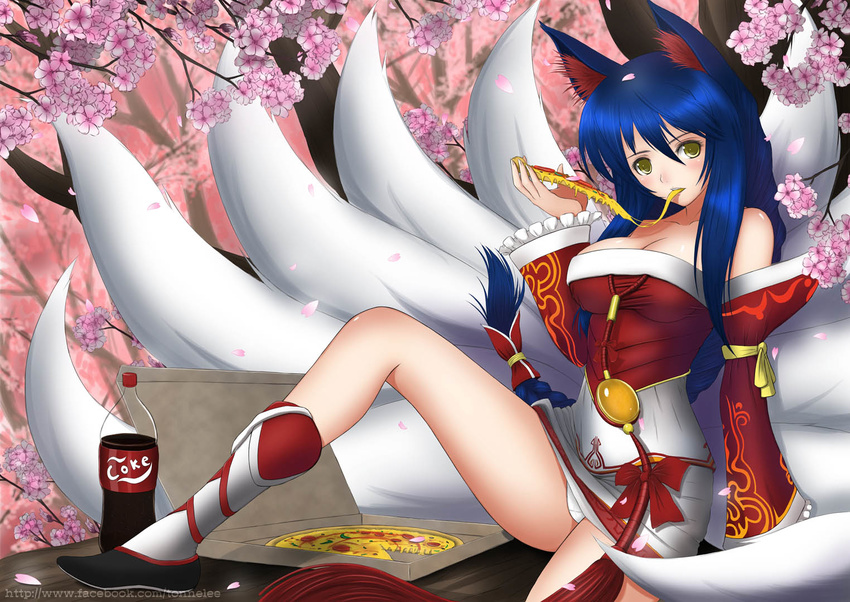 ahri animal_ears bare_shoulders blue_hair blush bottle braid breasts cherry_blossoms cleavage coca-cola detached_sleeves eating food fox_ears fox_tail holding_pizza impossible_clothes large_breasts league_of_legends long_hair multiple_tails panties pantyshot pantyshot_(sitting) pizza product_placement sitting soda solo tail tonnelee underwear watermark web_address white_panties yellow_eyes