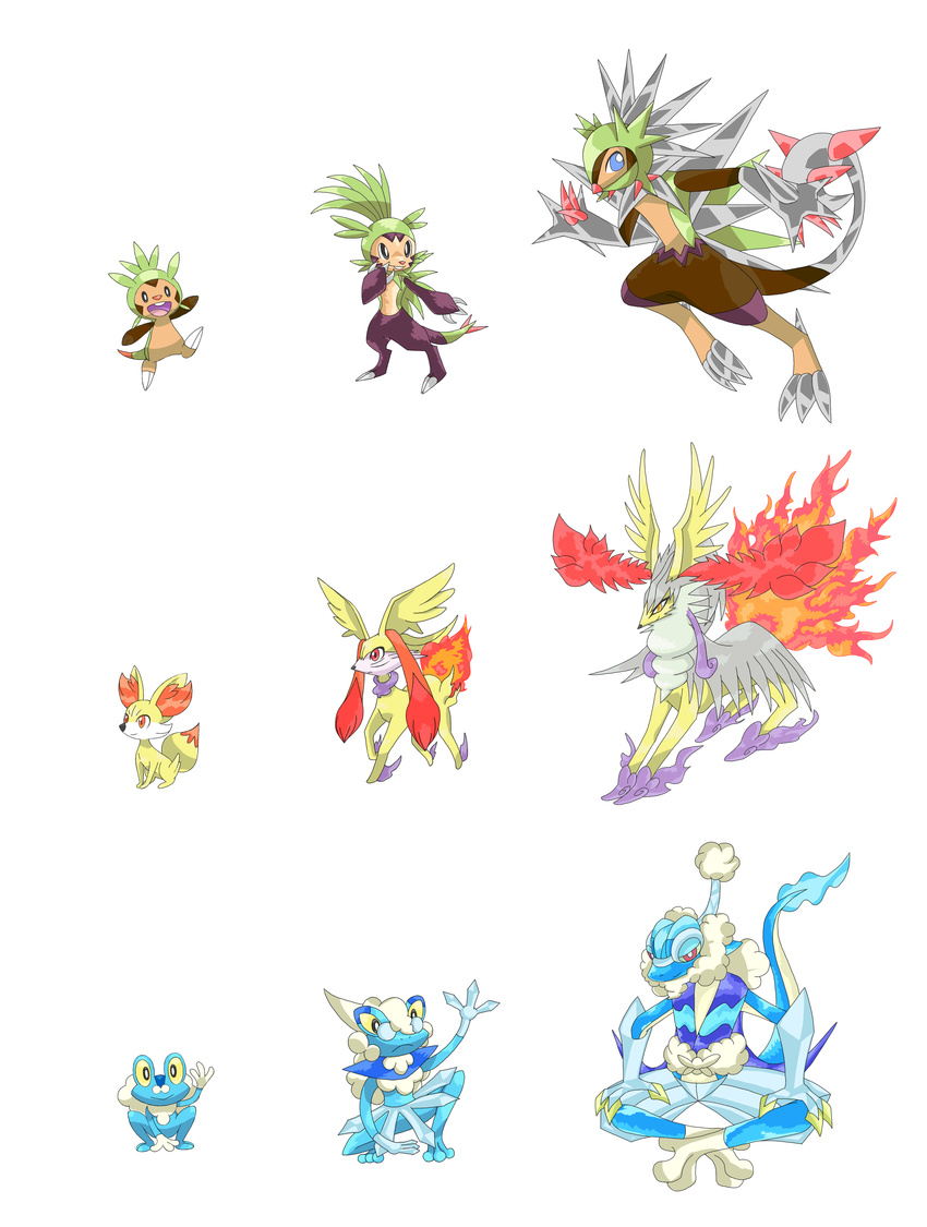 absurdres chespin digimon fakemon fennekin fox froakie highres orange_eyes parody pokemon pokemon_(game) pokemon_xy style_parody