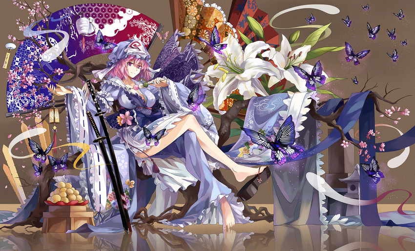 adapted_costume barefoot bug butterfly fan flower folding_fan highres insect japanese_clothes katana leaf neko_(yanshoujie) pink_eyes pink_hair reflective_floor revision saigyouji_yuyuko saigyouji_yuyuko's_fan_design sandals sheath sheathed short_hair smile solo sword touhou triangular_headpiece weapon wide_sleeves