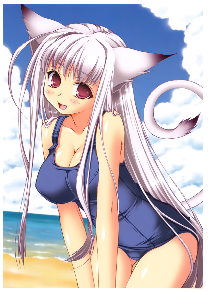 :d absurdres animal_ears beach breasts cat_ears cat_tail cleavage cloud copyright_request day highres large_breasts long_hair ocean one-piece_swimsuit open_mouth outdoors pink_eyes sand sasahiro school_swimsuit sky smile solo swimsuit tail thigh_gap white_hair