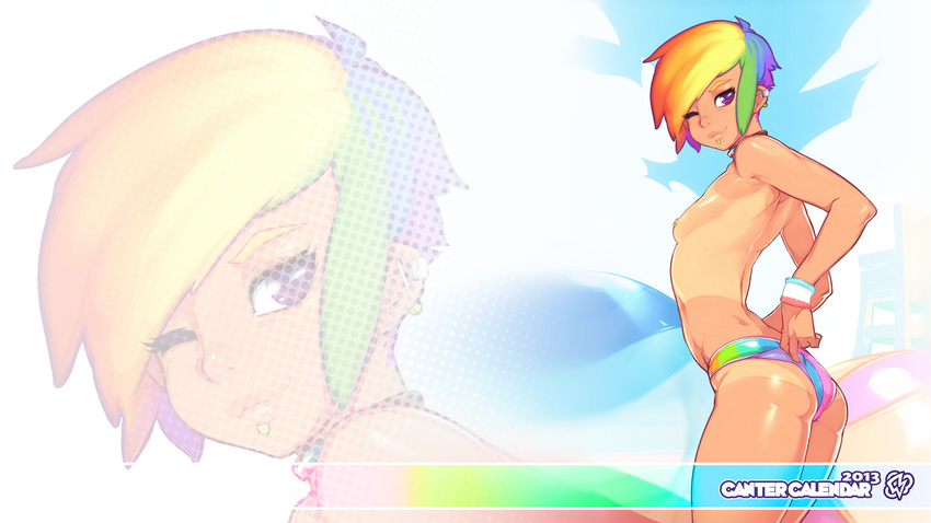 adjusting_clothes adjusting_swimsuit arched_back ass bad_id bad_tumblr_id bikini_bottom blonde_hair breasts choker doxy earrings highres jewelry multicolored multicolored_hair my_little_pony my_little_pony_friendship_is_magic nipple_piercing nipples one_eye_closed personification piercing purple_eyes rainbow_dash rainbow_hair short_hair small_breasts solo swimsuit tan tanline topless wallpaper widescreen wristband zoom_layer