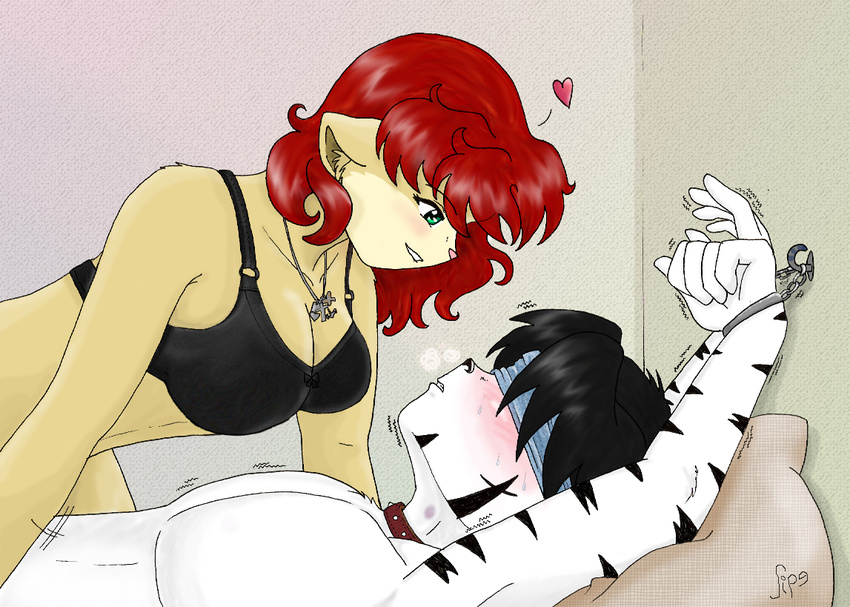anthro blindfold blush bra breasts chris_(character) couple droopy_ears duo feline female green_eyes hair handcuffs hicky_mark likemaniac likemaniac_(character) male mammal red_hair shackles straight tiger underwear white_tiger