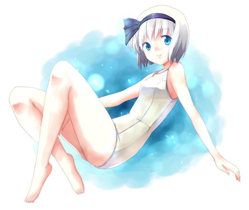 bare_legs barefoot black_hairband blue_eyes breasts hair_ribbon hairband konpaku_youmu medium_breasts one-piece_swimsuit ribbon school_swimsuit short_hair silver_hair smile solo swimsuit touhou white_school_swimsuit white_swimsuit yuni_(manyutin)